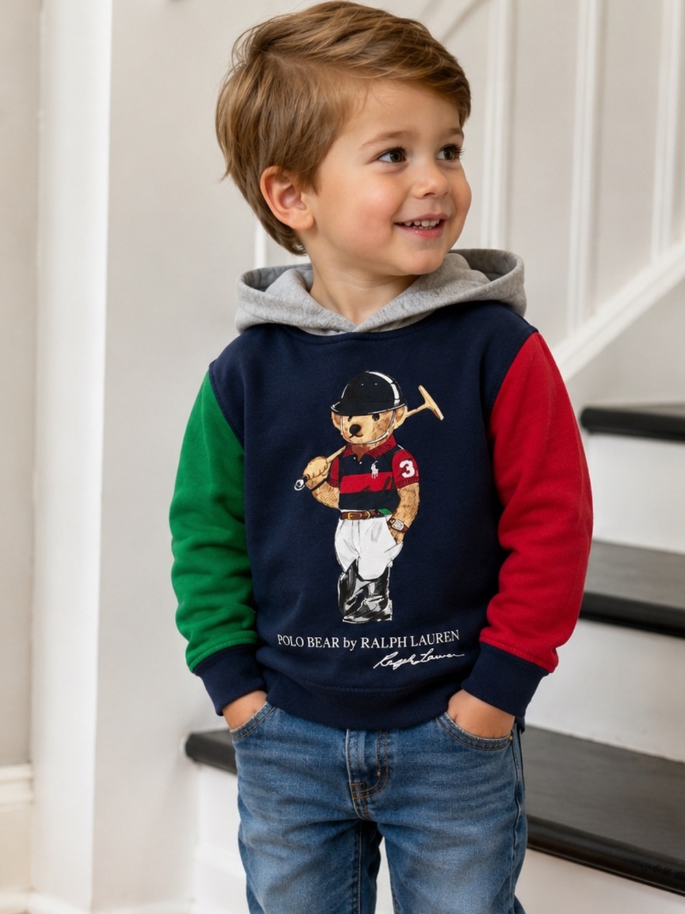 Polo by Ralph Lauren Navy Hoodie with Green & Red Sleeves